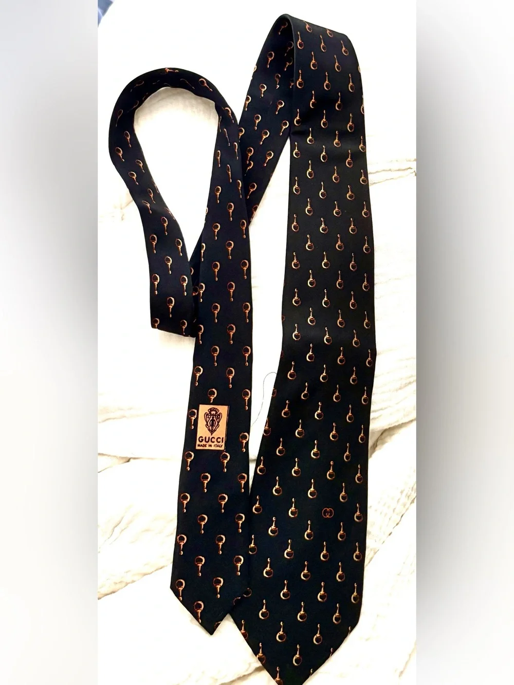 Gucci Black Silk Tie with Gold Bit Pattern Motif